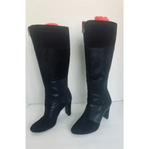 Anne Klein Black Leather Calf Hair Snake Skin Front Zip High Heel Boots Sz 7.5M
