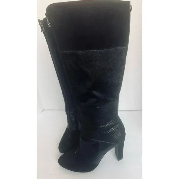 Anne Klein Black Leather Calf Hair Snake Skin Front Zip High Heel Boots Sz 7.5M