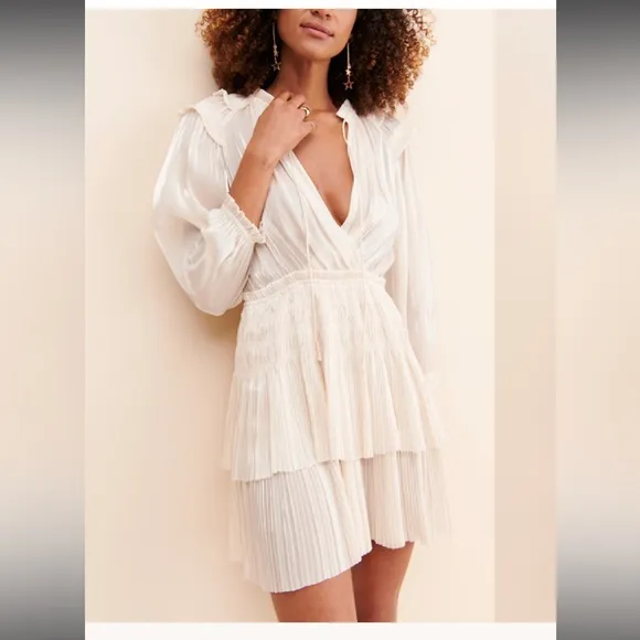 Anthropologie Current Air creamy ivory pleated drop waist tiered mini dress XS