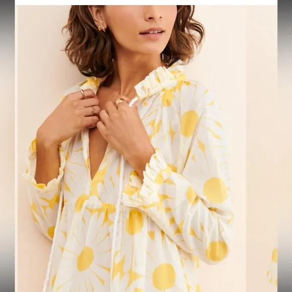 Anthropologie Eywasouls Cora Dress Yellow White Floral Tiered Malibu Beach S