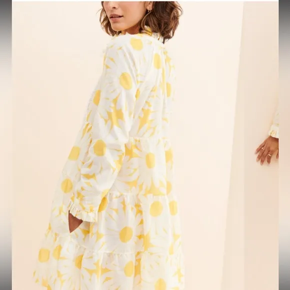 Anthropologie Eywasouls Cora Dress Yellow White Floral Tiered Malibu Beach S