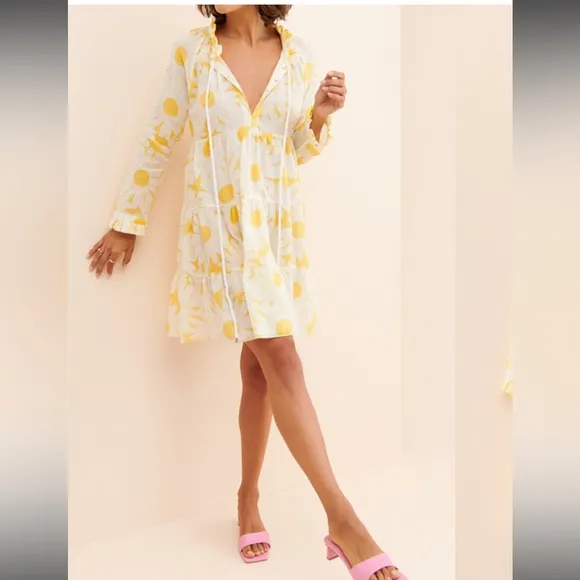Anthropologie Eywasouls Cora Dress Yellow White Floral Tiered Malibu Beach S