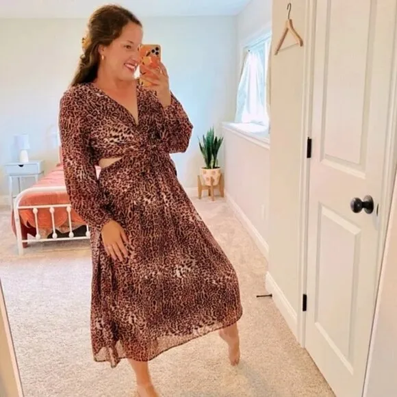 Anthropologie Ranna Gill Midi Dress M NWT Leopard Print Cut Out Puff Party Fall
