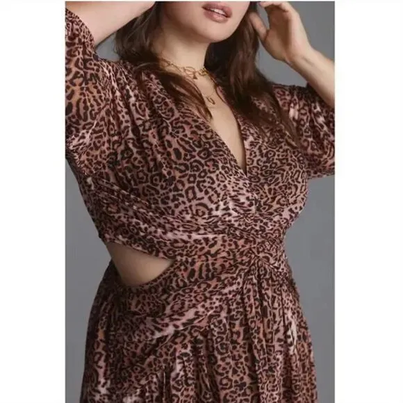 Anthropologie Ranna Gill Midi Dress M NWT Leopard Print Cut Out Puff Party Fall