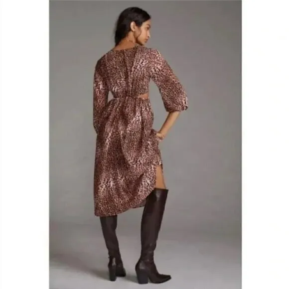 Anthropologie Ranna Gill Midi Dress M NWT Leopard Print Cut Out Puff Party Fall
