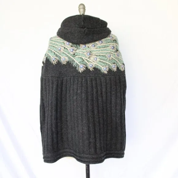 Anthropologie Sleeping on Snow wool embroidered peacock cape cardigan poncho
