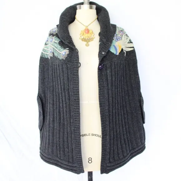 Anthropologie Sleeping on Snow wool embroidered peacock cape cardigan poncho