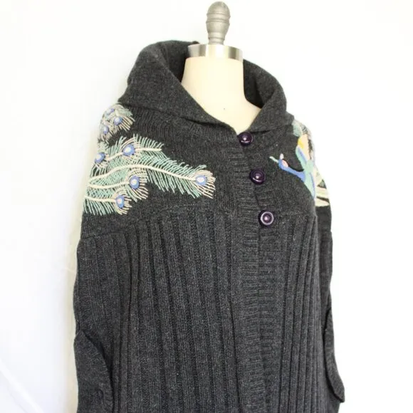 Anthropologie Sleeping on Snow wool embroidered peacock cape cardigan poncho