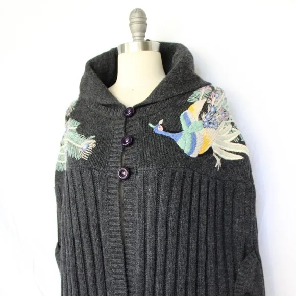 Anthropologie Sleeping on Snow wool embroidered peacock cape cardigan poncho