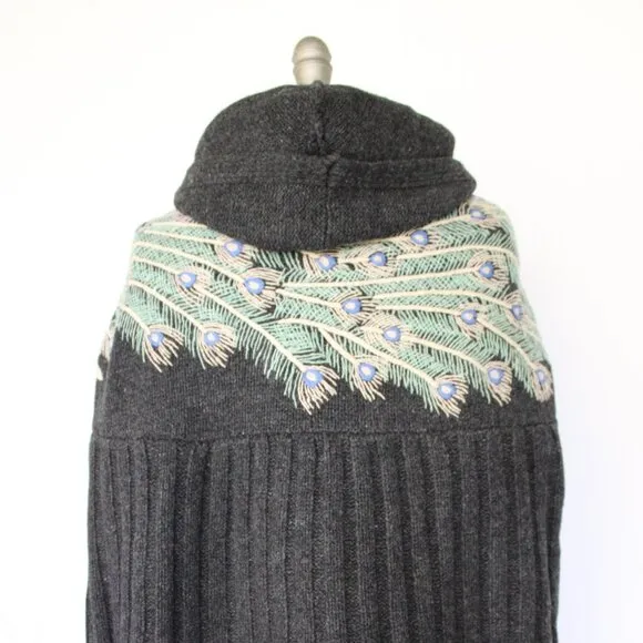 Anthropologie Sleeping on Snow wool embroidered peacock cape cardigan poncho