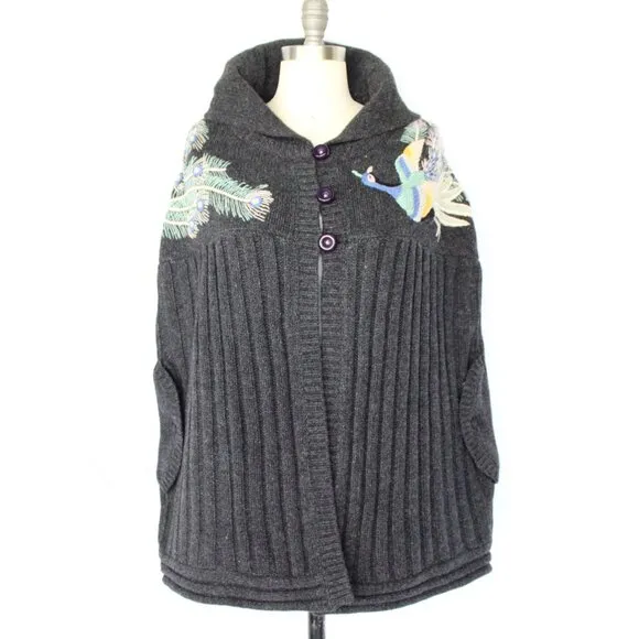 Anthropologie Sleeping on Snow wool embroidered peacock cape cardigan poncho