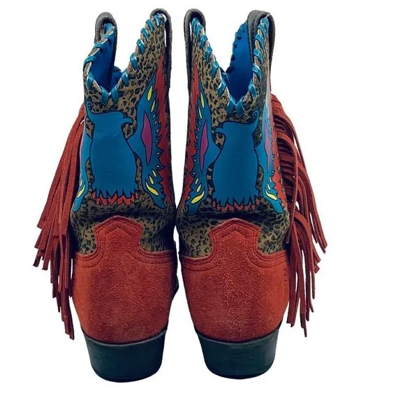 Ariat Cowgirl Boots Western Fringe Brown/Red Leopard Print Suede Bird Size 5