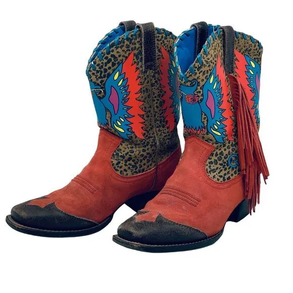 Ariat Cowgirl Boots Western Fringe Brown/Red Leopard Print Suede Bird Size 5