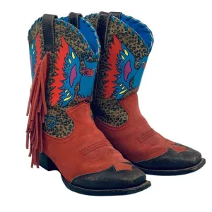 Ariat Cowgirl Boots Western Fringe Brown/Red Leopard Print Suede Bird Size 5