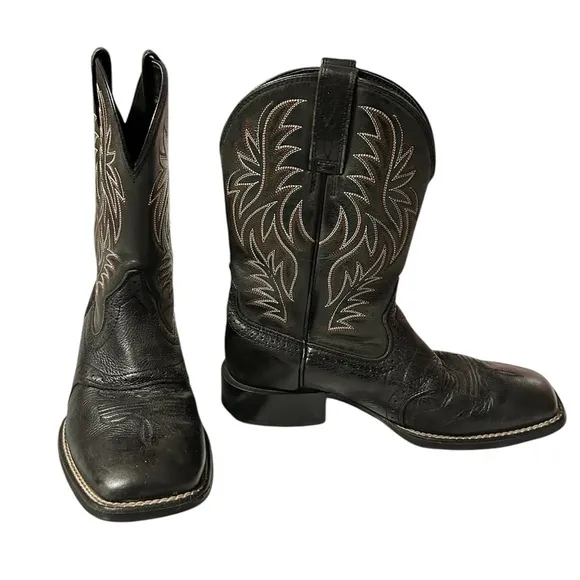 Ariat Men’s Black Embroidered Leather Square Toe Boots Size 7D
