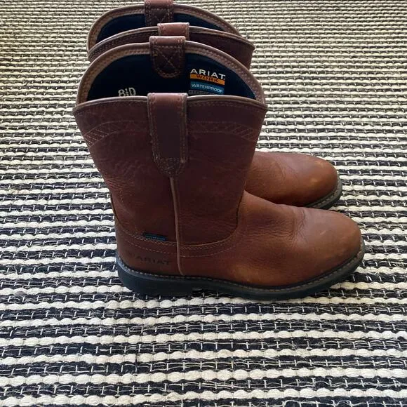 🌿Ariat Men's Waterproof Pull On Brown Leather Work Boots 8.5D
