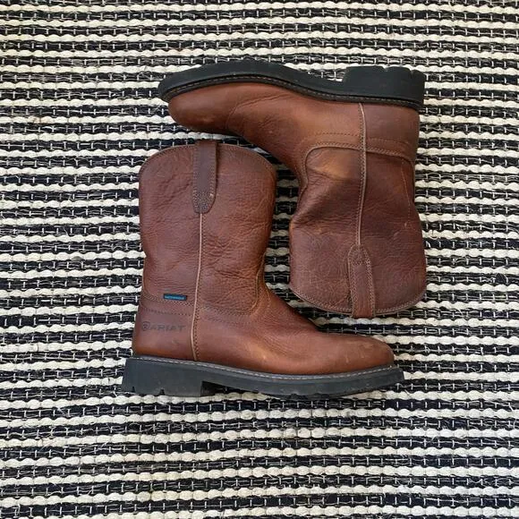 🌿Ariat Men's Waterproof Pull On Brown Leather Work Boots 8.5D