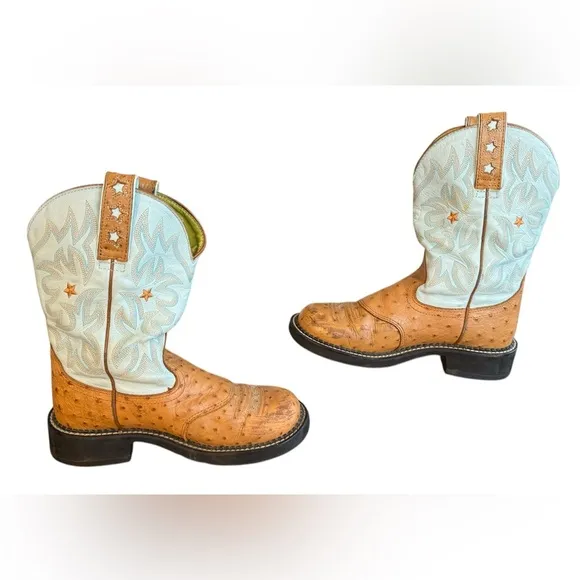 ARIAT Ostrich Print Leather Stars Western Cowgirl Work Roper Boot Women’s Sz 7.5