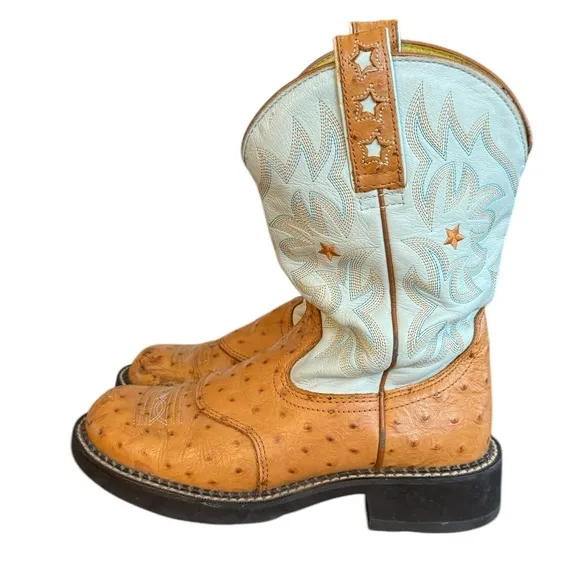 ARIAT Ostrich Print Leather Stars Western Cowgirl Work Roper Boot Women’s Sz 7.5