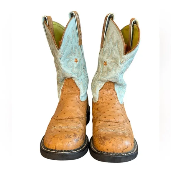 ARIAT Ostrich Print Leather Stars Western Cowgirl Work Roper Boot Women’s Sz 7.5