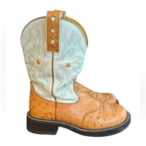 ARIAT Ostrich Print Leather Stars Western Cowgirl Work Roper Boot Women’s Sz 7.5