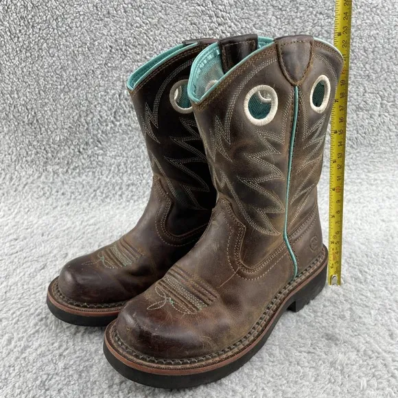 Ariat Western Boots Girls 13 Teal Brown Leather Cowgirl Rodeo Outdoor Riding 90s