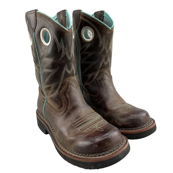 Ariat Western Boots Girls 13 Teal Brown Leather Cowgirl Rodeo Outdoor Riding 90s