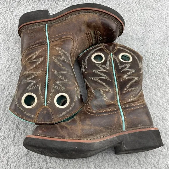 Ariat Western Boots Girls 13 Teal Brown Leather Cowgirl Rodeo Outdoor Riding 90s