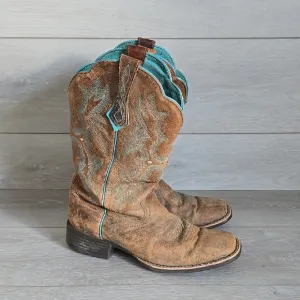 Ariat Women 10008017 Brown &amp; Teal Western Boots Square Toe Shoes Sz 9B