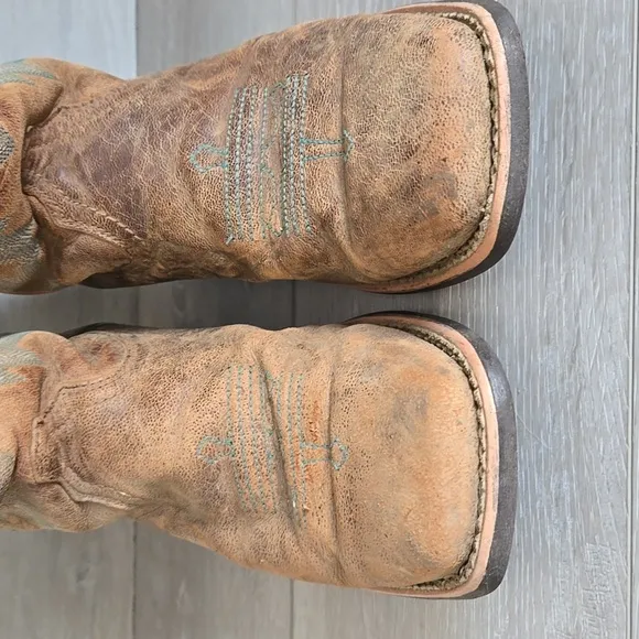 Ariat Women 10008017 Brown &amp; Teal Western Boots Square Toe Shoes Sz 9B