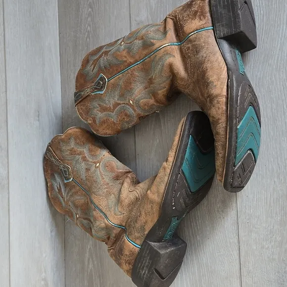 Ariat Women 10008017 Brown &amp; Teal Western Boots Square Toe Shoes Sz 9B