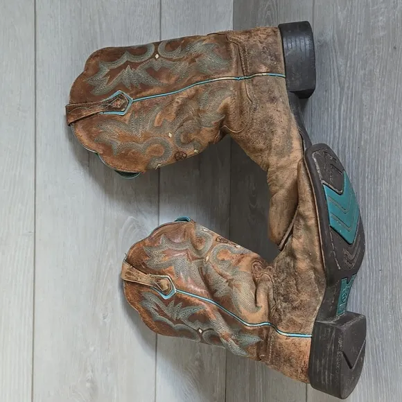 Ariat Women 10008017 Brown &amp; Teal Western Boots Square Toe Shoes Sz 9B