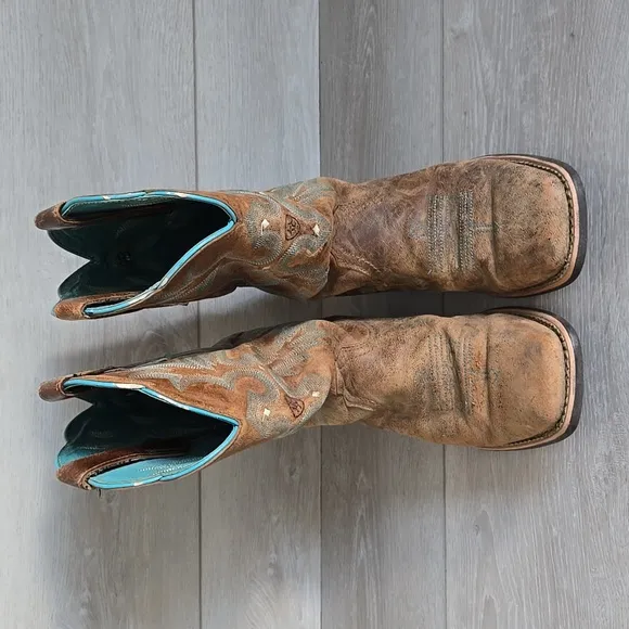 Ariat Women 10008017 Brown &amp; Teal Western Boots Square Toe Shoes Sz 9B