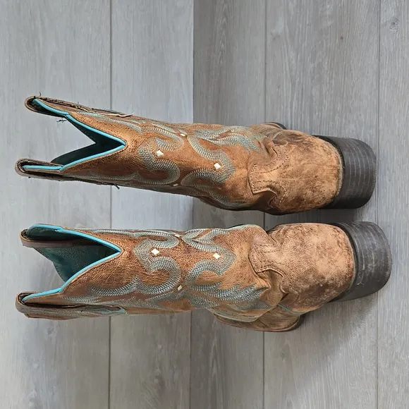 Ariat Women 10008017 Brown &amp; Teal Western Boots Square Toe Shoes Sz 9B