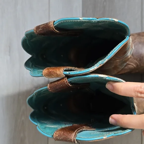 Ariat Women 10008017 Brown &amp; Teal Western Boots Square Toe Shoes Sz 9B