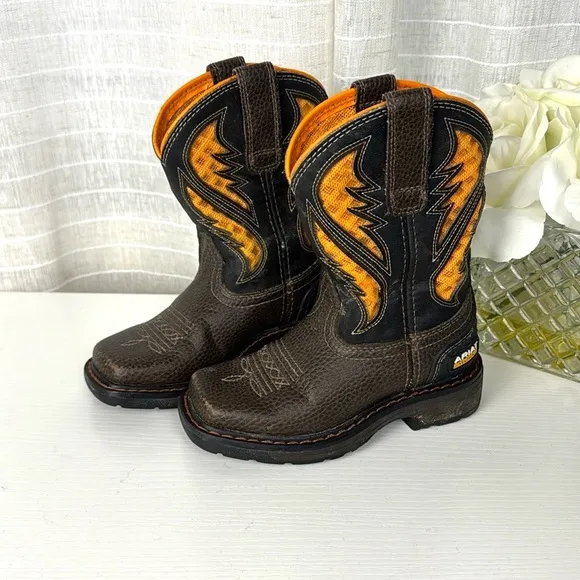 ARIAT WORK Kids Western Cowboy Boots - Brown and Orange, 8.5