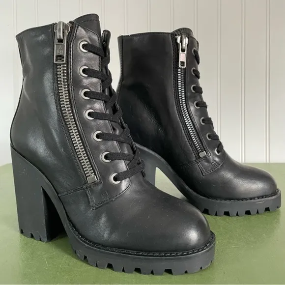 Ash POKER Double-Zip Chunky Lug Soled Boots in Black Leather