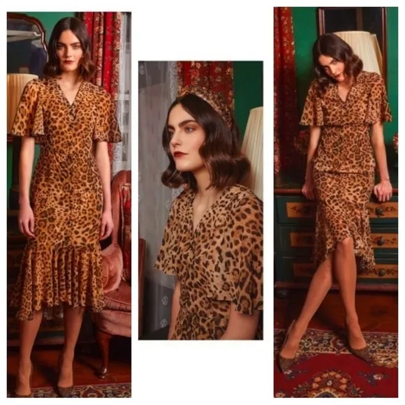 Autumn Adeigbo Larissa Midi Dress size 2 XS Leopard Print Ruffle Flutter Sleeves