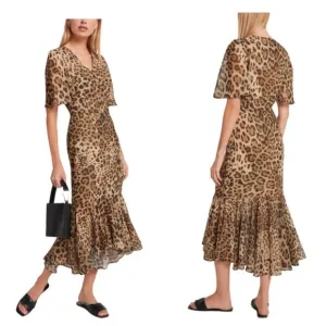 Autumn Adeigbo Larissa Midi Dress size 2 XS Leopard Print Ruffle Flutter Sleeves