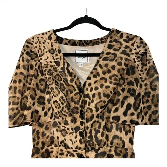 Autumn Adeigbo Larissa Midi Dress size 2 XS Leopard Print Ruffle Flutter Sleeves