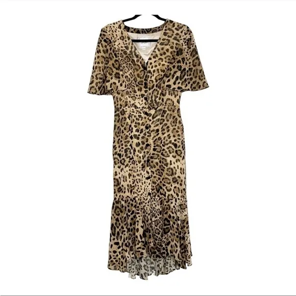 Autumn Adeigbo Larissa Midi Dress size 2 XS Leopard Print Ruffle Flutter Sleeves