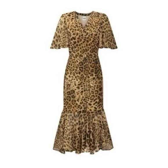 Autumn Adeigbo Larissa Midi Dress size 2 XS Leopard Print Ruffle Flutter Sleeves