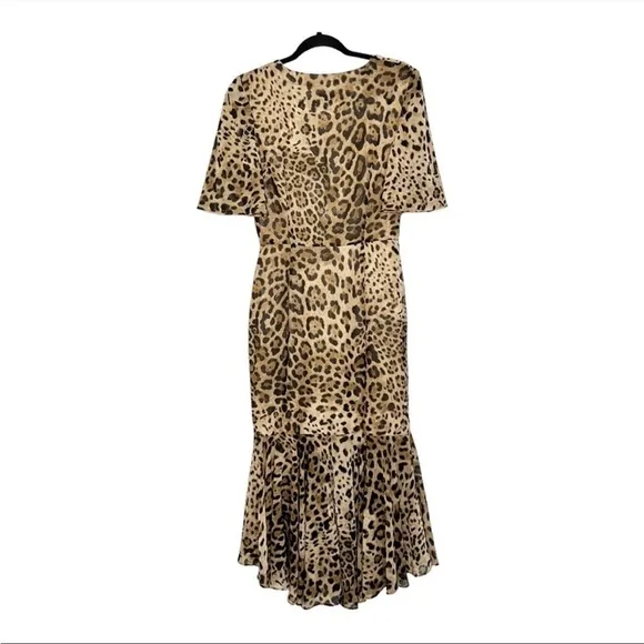 Autumn Adeigbo Larissa Midi Dress size 2 XS Leopard Print Ruffle Flutter Sleeves