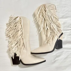 Azalea Wang Fringe Cowboy Boots Western Style Heel Booties Fashion Shoes Size 8