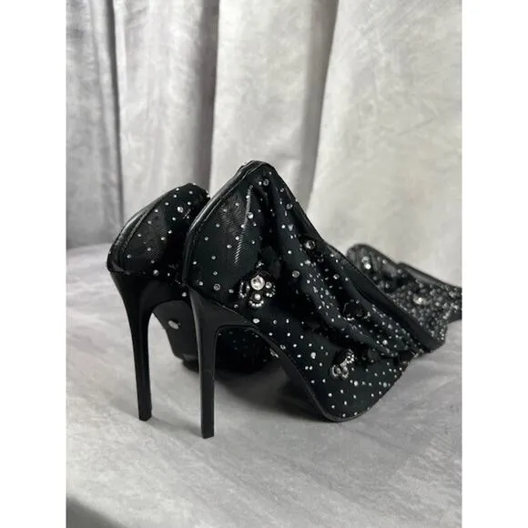 Azalea Wang Marlowe-Black Embellished Mesh Boot Sz 8.5