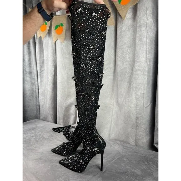 Azalea Wang Marlowe-Black Embellished Mesh Boot Sz 8.5