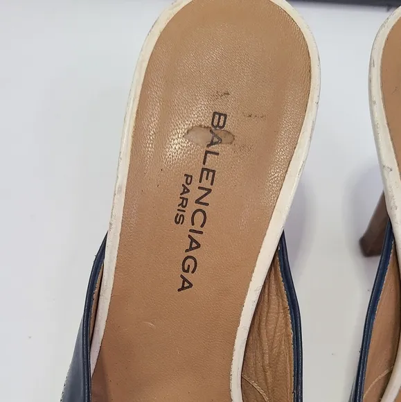 Balenciaga white and Navy Blue mules Heels with Bow  and Pointed Toe size 40