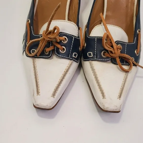 Balenciaga white and Navy Blue mules Heels with Bow  and Pointed Toe size 40