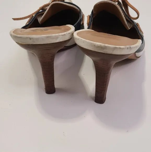 Balenciaga white and Navy Blue mules Heels with Bow  and Pointed Toe size 40