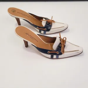 Balenciaga white and Navy Blue mules Heels with Bow  and Pointed Toe size 40